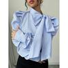 European and American Spring New Striped Casual Long-sleeved Shirt Streamer Bubble Sleeve Women's Clothing