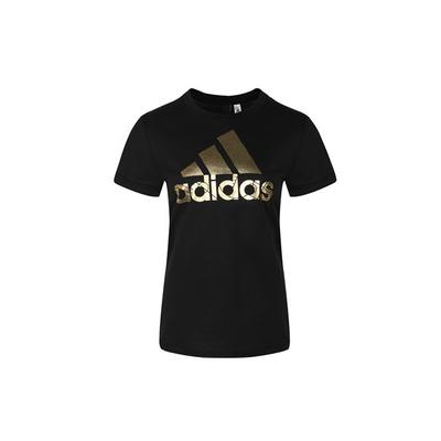 adidas T-shirt a maniche corte con logo a lettera lucido da donna, top neri DV3025