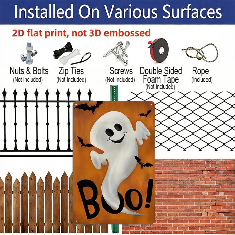 2D Flat Boo Cute Ghost Bat Orange Background Metal Sign - 8.0x12.0inch Aluminum Wall Art, Funny Halloween Front Porch Farmhouse Decor, Pre-Drilled