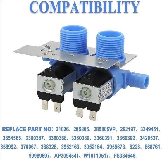 285805 washing machine inlet valve, suitable for Whirlpool Kenmore Kitchenaid washing machine 292197 3349451 3354565 PS334646
