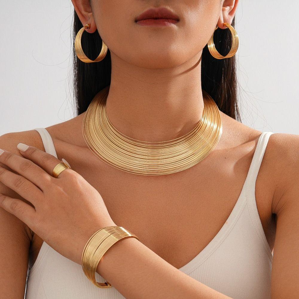Finger Ring Exaggerated Bracelet Set Earrings Jewelry Set Multilayer Metal Wire Necklace  Women