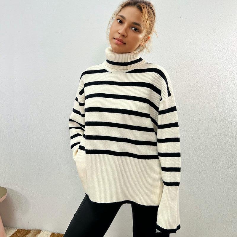 2025 autumn winter black Striped turtleneck pullover sweater for women s outerwear loose and lazy style split-ended knitted tops One Size