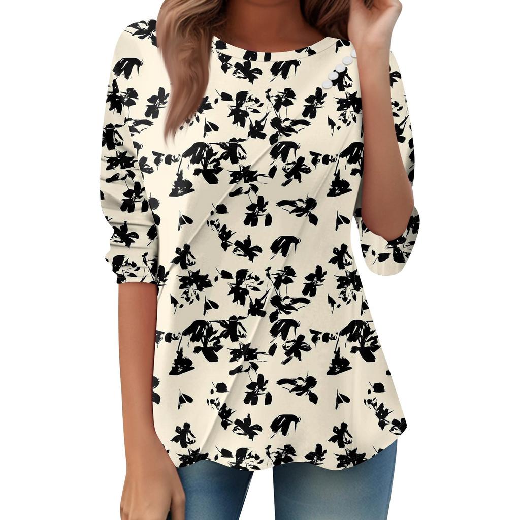 Women's Loose Casual Long Sleeve Top Round Neck Button Pull Stripe Prints T Shirt