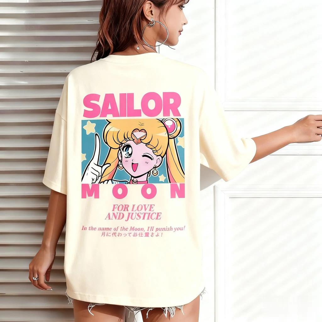 Sailor Moon Classic Quote Print T-Shirt | "For Love and Justice" Anime Tee | Unisex Oversized Cotton Short Sleeve Top | Y2K Retro Streetwear