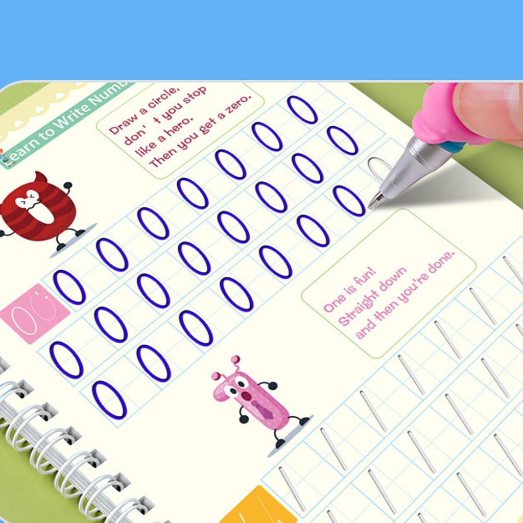 Reusable Handwriting Practice Book Copybook for Kids Reusable Writing Practice Notebook with Fading Ink Pen Grip Helper Spiral Binding for 3-8 Years O