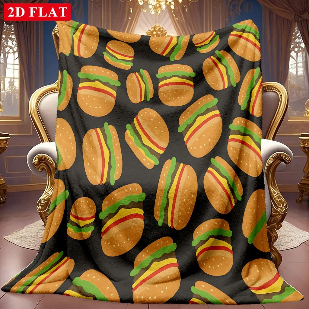 1pc 2D Hamburger Theme Pattern Flannel Blanket, Soft HD Digital Print, Cooling Blanket All-Season Use! Soft And Breathable 100% Polyester Fiber, Ideal