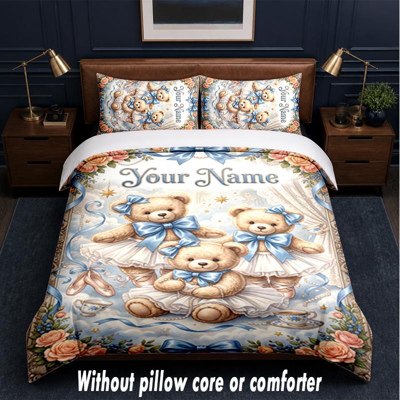 Teddy Bear Theme Custom Text Or Name 3Pcs Bedding Set,1 Flat Sheet & 2 Pillowcases Personalized Home Bedding