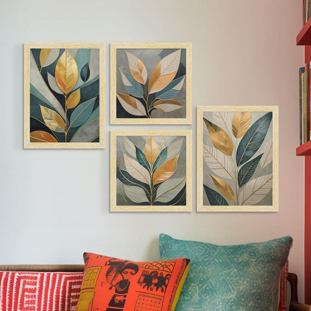 Paper Golden Leaves Botanical Art Paintings With Frame for Home Decor, Wall Painting for Living Room, Multicolor, Set of 4