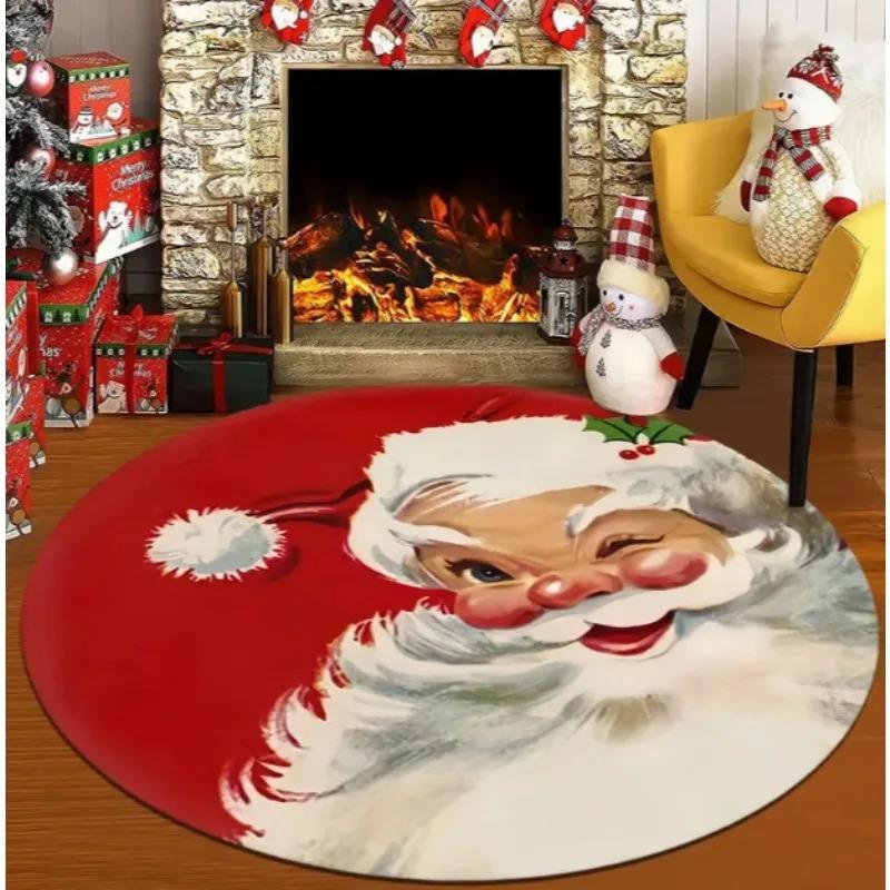 Christmas Santa Claus Circular Carpet Soft Washable with Anti Slip Bottom Living Room Bedroom Home Decoration Perfect Decoration