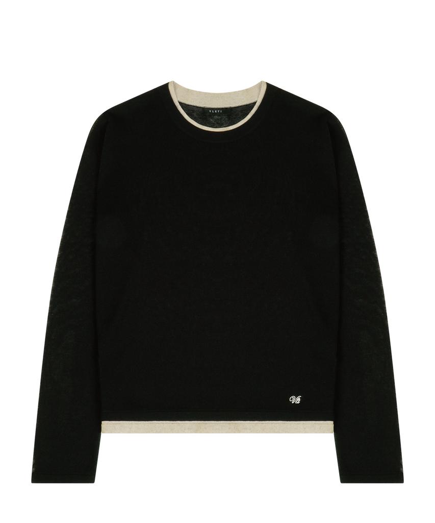 VLETI Linen Blend Contrast Layered Embroidery Knit (Black)