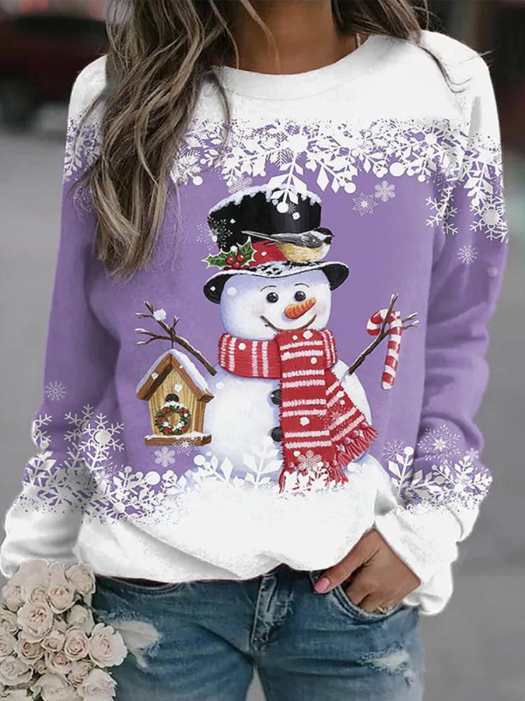 Women's Christmas snowman print long sleeved casual loose T-shirt women