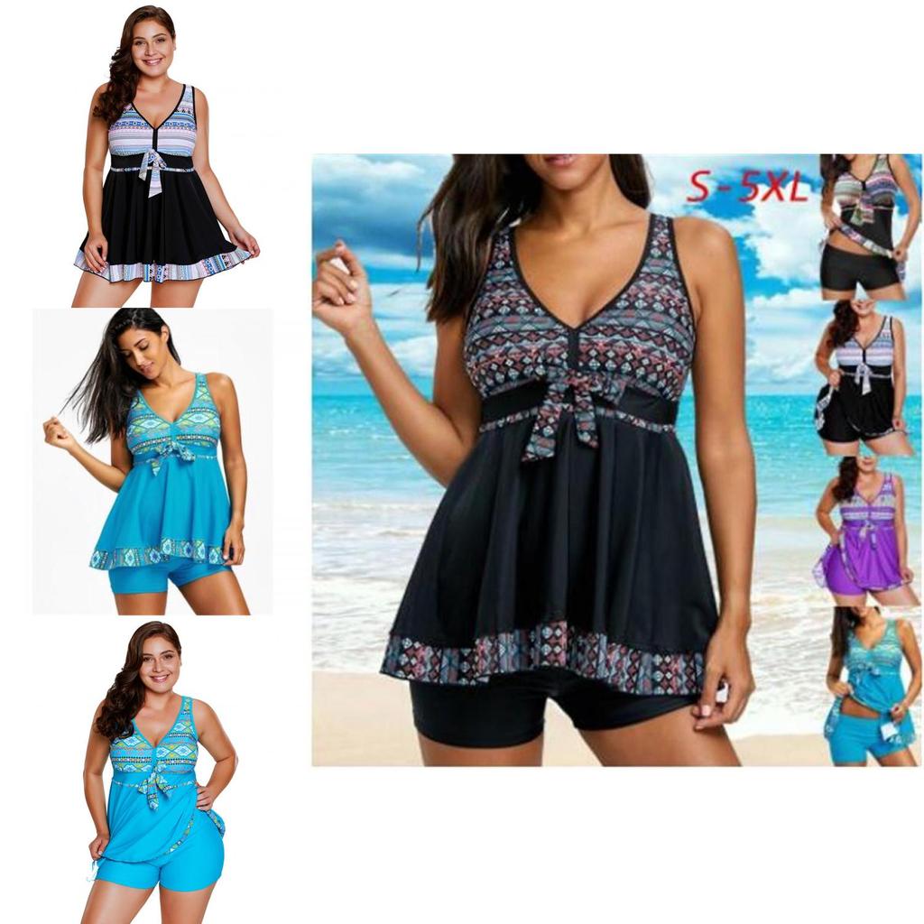 Elegant Womens Fashion Plus Size V Neck Skirted Print Front Tankini Swimsuit