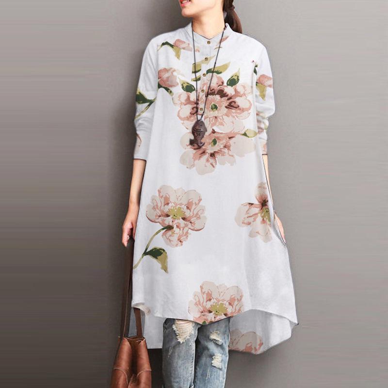 2024 Women's Floral Print Asymmetrical Round Neck Shirt Dress