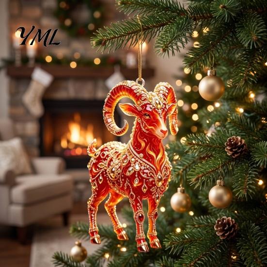 Holiday Car Interior Decor 2D Acrylic Goat Christmas Hanging Ornament, 3.15 Inch Farm Animal Xmas Tree Lightweight Crafts Decoration for Rear