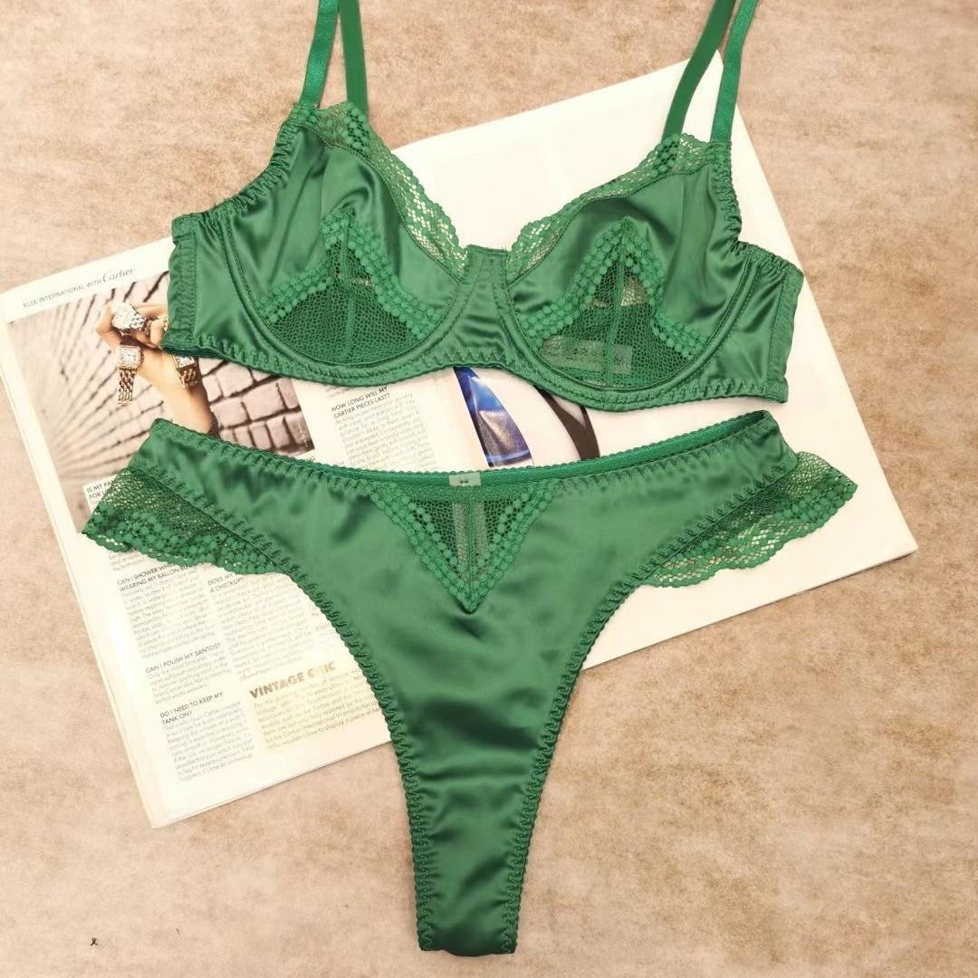 

Сексуальное нижнее белье Французское ультратонкое сетчатое с атласной кружевной отделкой, нижнее белье для большой груди, маленький бюстгальтер против провисания, закрывающий грудь XL зелёный