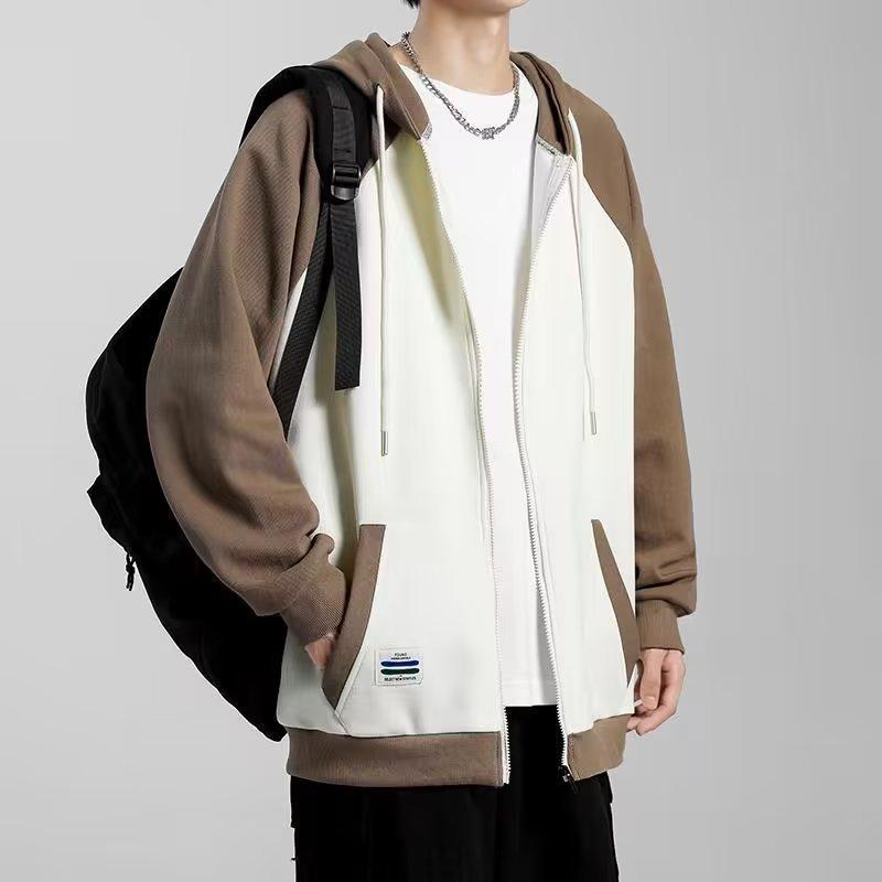 2023 New Jacket Men's American Style Spring And Autumn Hooded Fashion Sweatshirt Loose Casual Two-color Splicing Jacket For Men