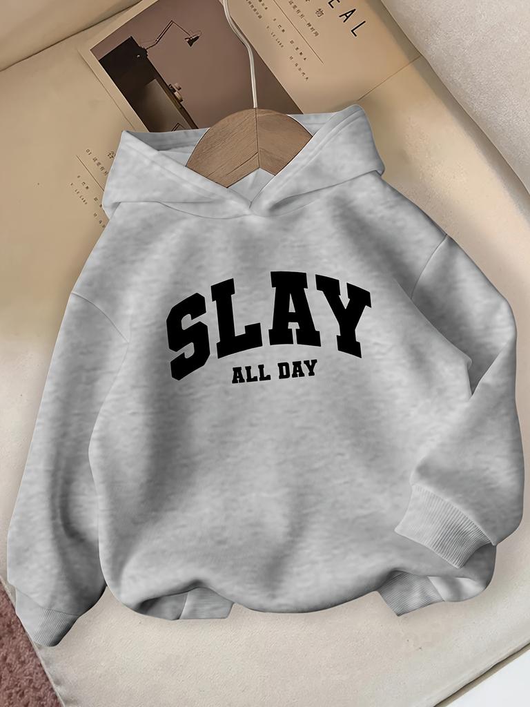 SLAY ALL DAY Huvtröja Casual Långärmad Vintertröja med Tydlig Text Vinterkläder för Flickor Bekväm Passform