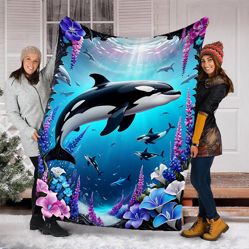 1pc Whale Marine Ocean Outdoor Flannel Blanket , Machine Washable Perfect Gift for Birthday , Holiday Travel Accessory , Durable Material