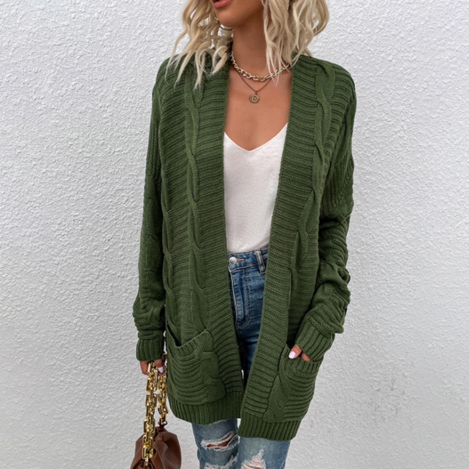 

Fashionable Women s Knitted Cable Cardigan Sweater Mid-length Twisted Rope Cardigan Coat L зелёный