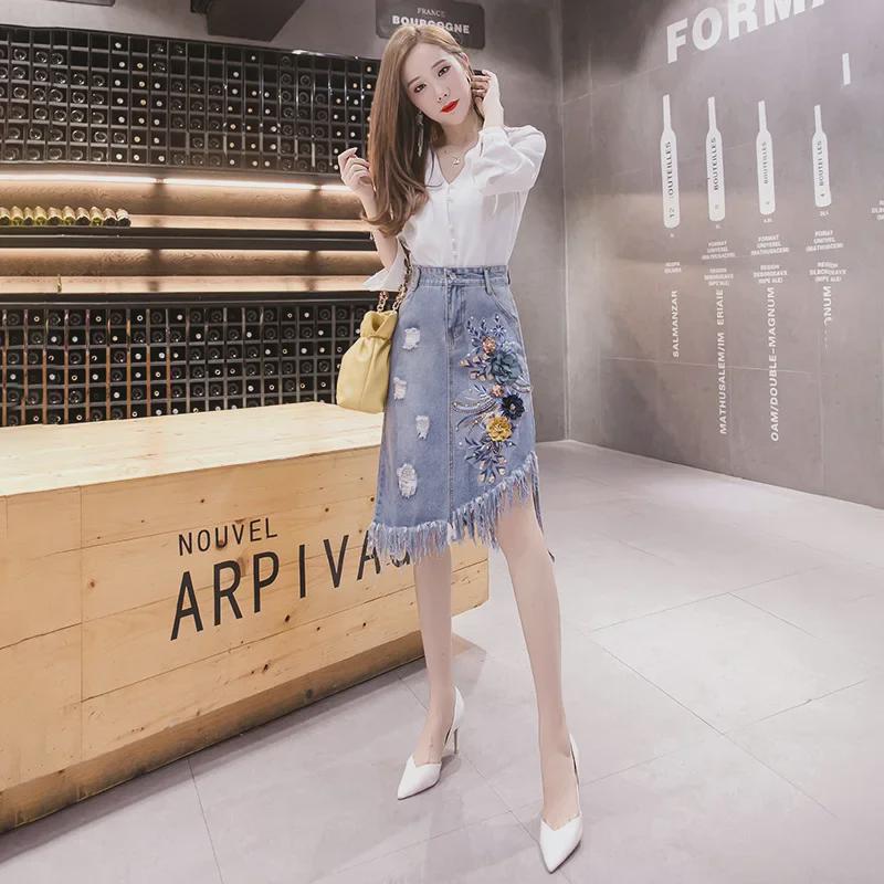 Spring/Summer 2024 Women's Mid-Length Denim Skirt with 3D Floral Tassels