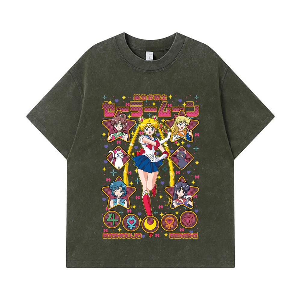 

275 GSM Washed T-shirts 100% Cotton Sailor Moon V1 Print Unisex Heavy Cotton T Shirt S армия зеленый