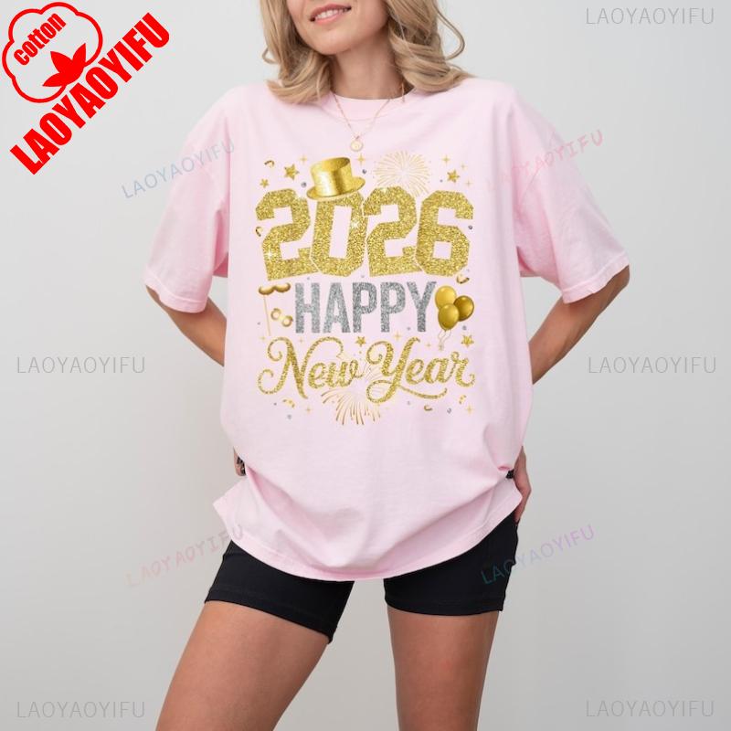 2026 Happy New Year Shirt Gold Glitter Party Tee Festive Celebration Top Sparkling Holiday T Shirt New Year Countdown Outfit