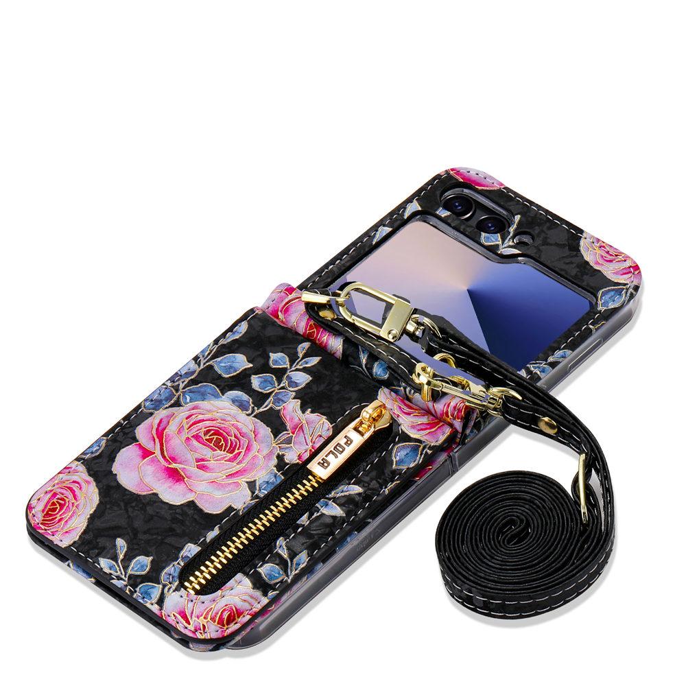 Zipper Crossbody Wallet Cards Slot Flower Case For Samsung Galaxy Z Flip 7 6 Flip 5 4 3 Leather Long Lanyard Strap Cover