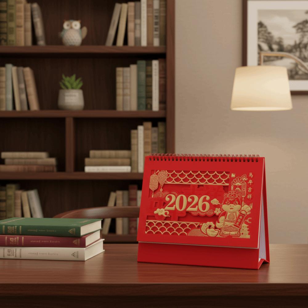 Traditional Standing Flip Desk Calendar Horse Year Blessing Words Chinese Style Calendar Zodiac Desk Planner Home