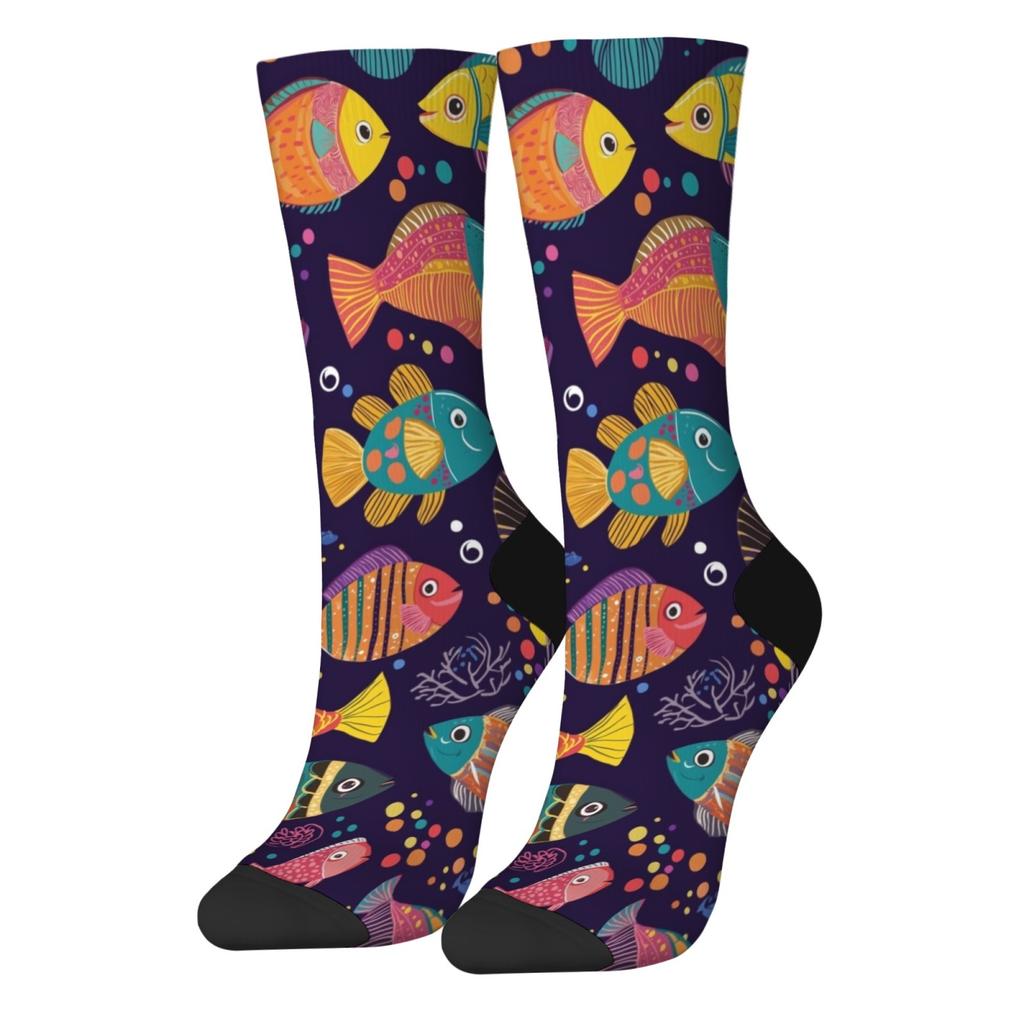 Ocean Elements Bunter Fischdruck Unisex Mode Socken Harajuku Retro Abstrakte Kunst Crew Socken Weiche Atmungsaktive Freizeit Sportsocken