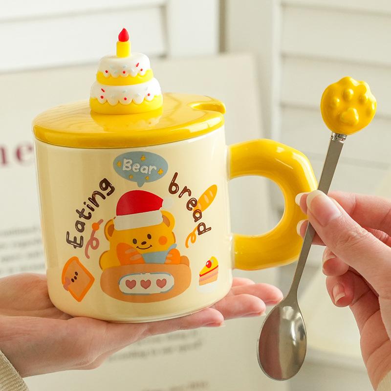 Cupa Ceramică Creativă cu Ursuleț Desen Animat, cu Capac și Linguriță, pentru Cafea de Uz Casnic, pentru Cuplu, pentru Apă, Cutie Cadou de Valoare Ridicată