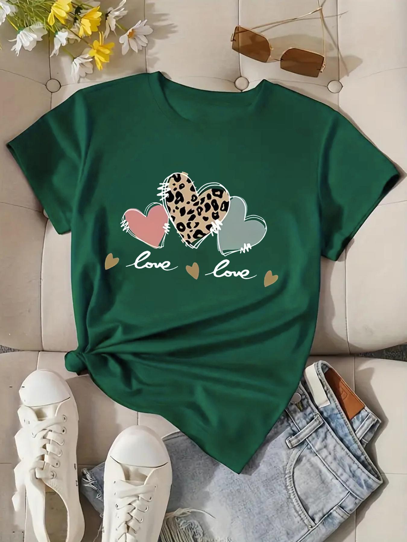 Leopard Print Heart Love Women s Tee - Casual Green Top S