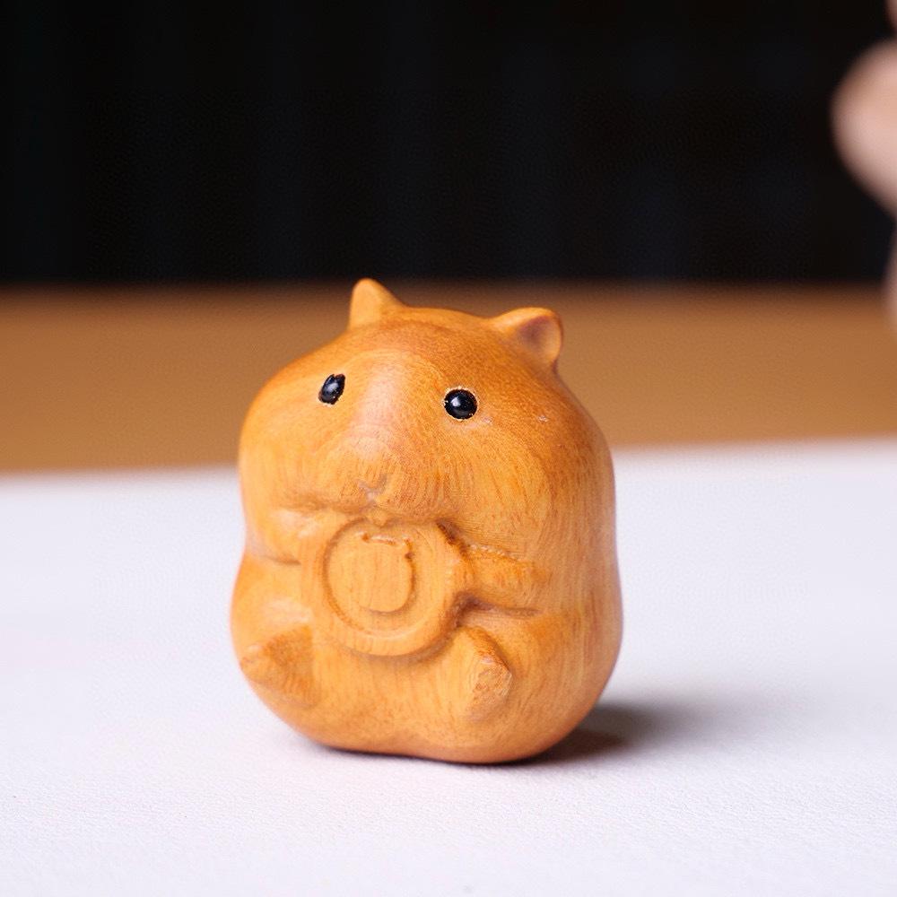 Exquisite Hand Crafted Wood Carved Hamster Statue Small Animal Figurine for Collectors