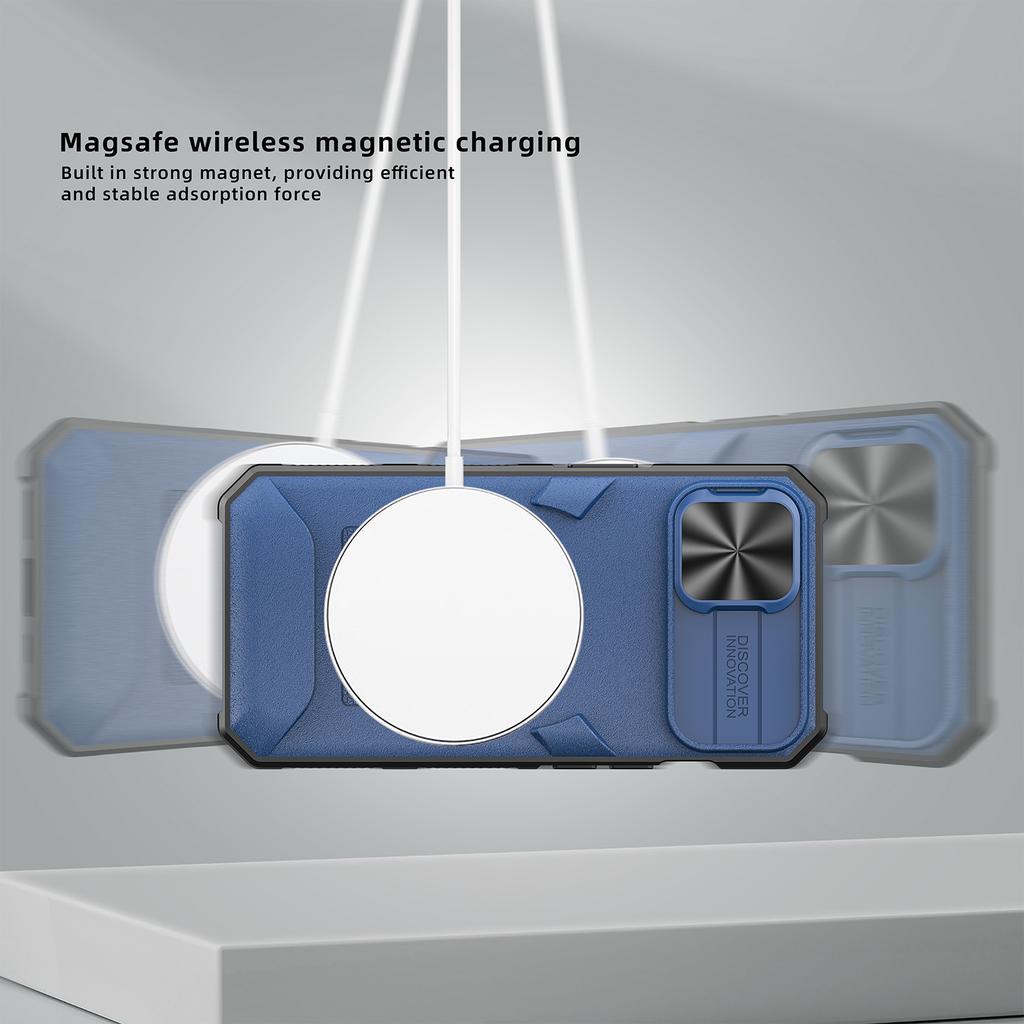 For iPhone 15 Magnetic Case Card Holder Phone Cover with Slide Lens Lid