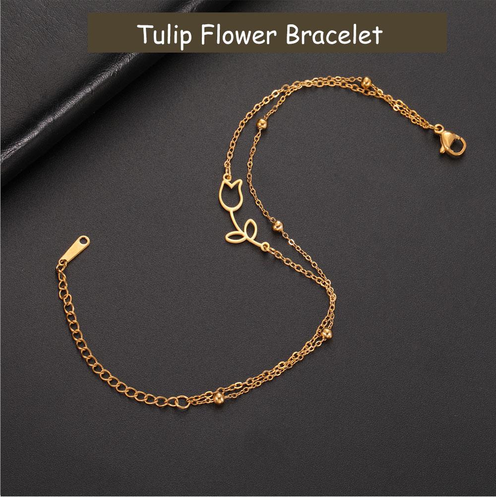 Cazador Tulip Flower Bracelet for Women Kpop Stainless Steel Double Layers Beads Chain Bracelets Jewelry Birthday Gift New
