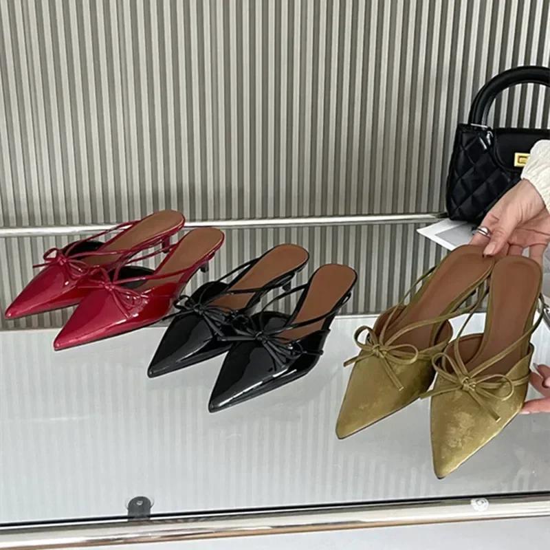 Luxury Designer Bow Decoration Women's Slippers Sexy Pointed Toe Low Heel Slide Sandals Summer Mules Loafers Sandalias De Mujer