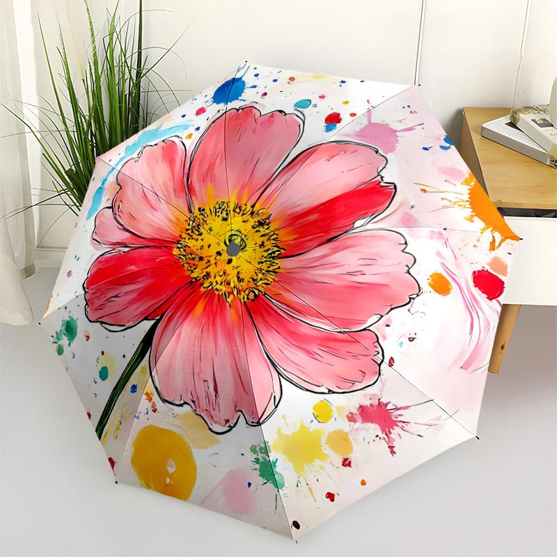 1pc Flower Artwork Automatic Folding Umbrella - Compact 8-Rib Design, Durable Plastic & Iron, Festive Gift, Compact Umbrellan031