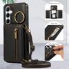 For Samsung Galaxy S25/S24 Leather Back Cover Zipper Wallet Kickstand Phone Case with Shoulder Strap