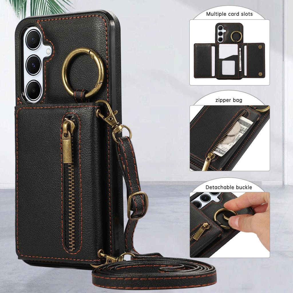For Samsung Galaxy S25/S24 Leather Back Cover Zipper Wallet Kickstand Phone Case with Shoulder Strap