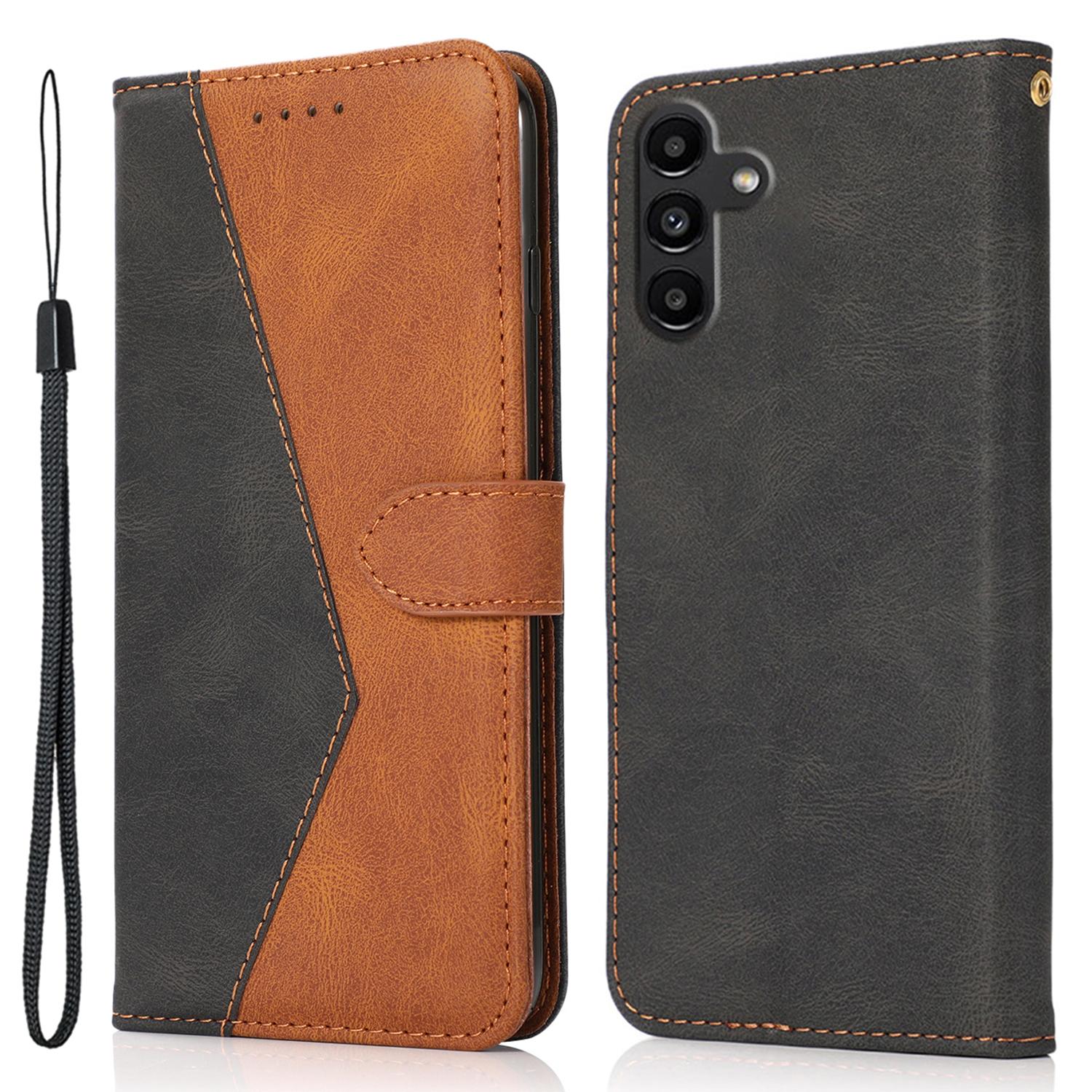 

For Samsung Galaxy A16 5G/A16 4G Cover Color Splicing Wallet Stand Leather Phone Case with Wrist Strap Black+Brown