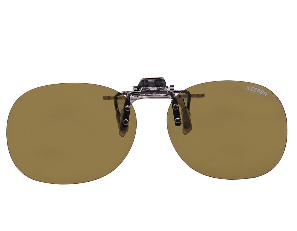 Japanese-made polarized clip-on sunglasses that can be worn over eyeglasses. UV protection, ultra-lightweight, flip-up style, unisex. Keeper brand,
