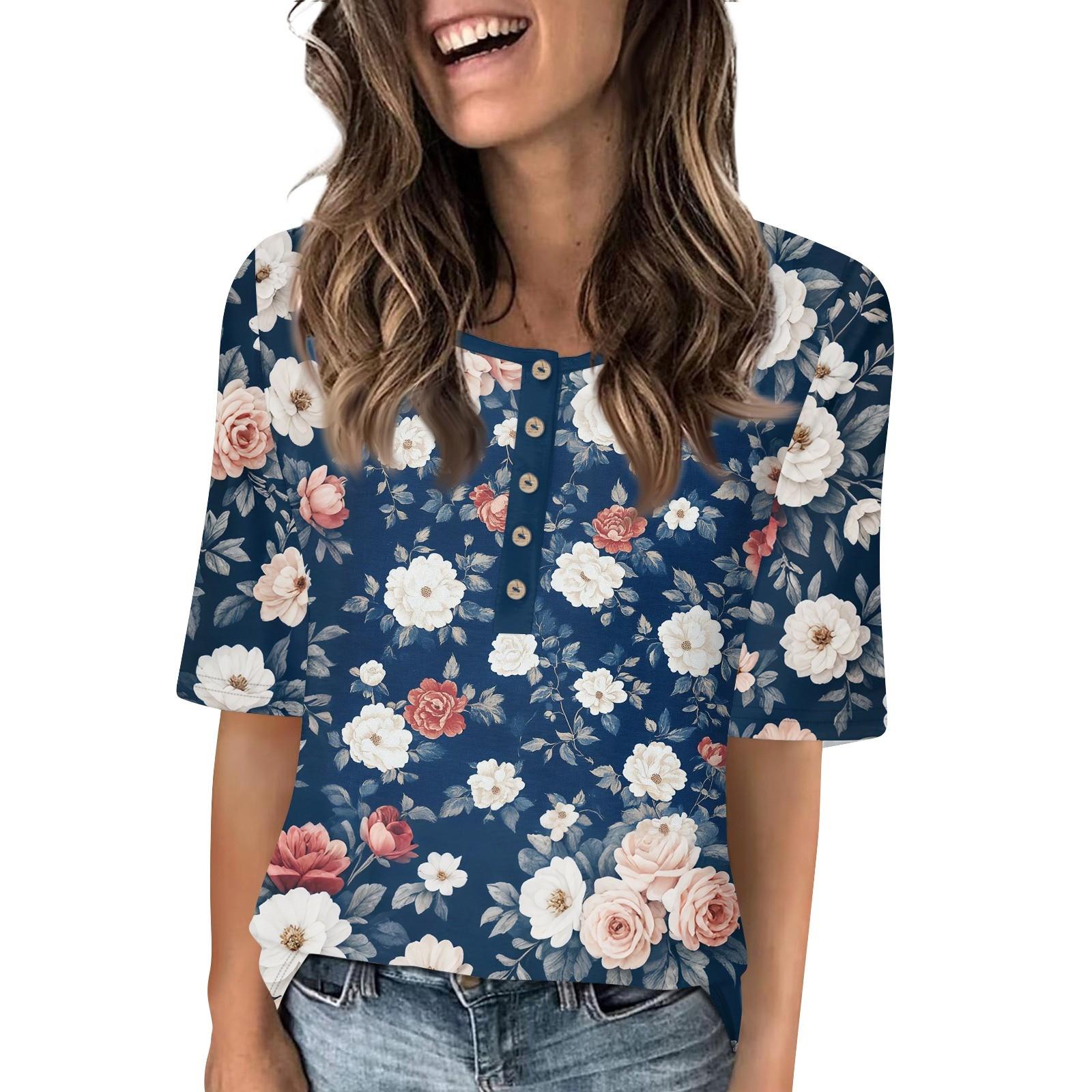 

Рубашки для женщин, модные футболки с круглым вырезом и пуговицами, блузки с принтом, топы с коротким рукавом для женщин M