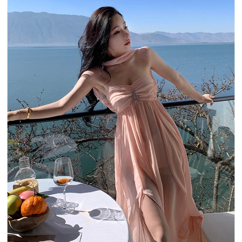 Vacation Super Immortal Long Dress Dresses for Women Celebrities High Sense  New Hanging Neck, Bust, Open Back, Irregular Chiffon Dress – buy the best  products in the Ayzeze online store