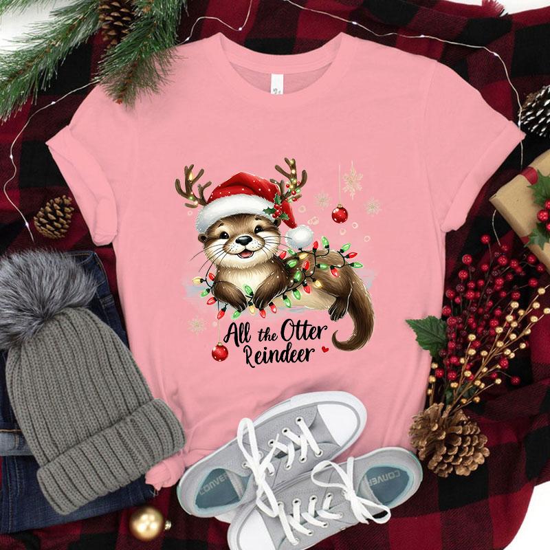 New Christmas All The Otter Reindeer T Shirt Women Casual Personality Round Neck Short Sleeve Fashion Christmas