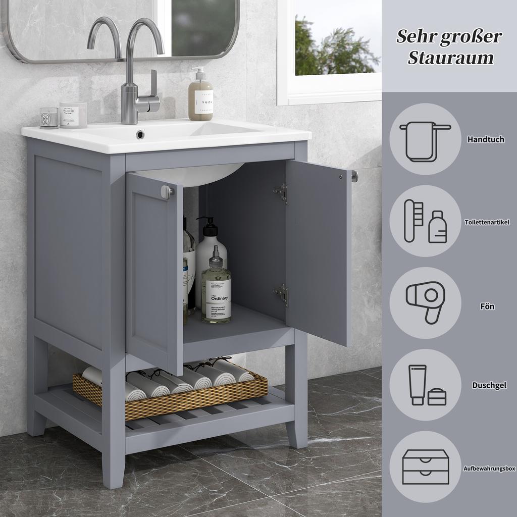 Bathroom Furniture Single Vanity with Base Cabinet 60cm with Ceramic Washbasin, Light Gray