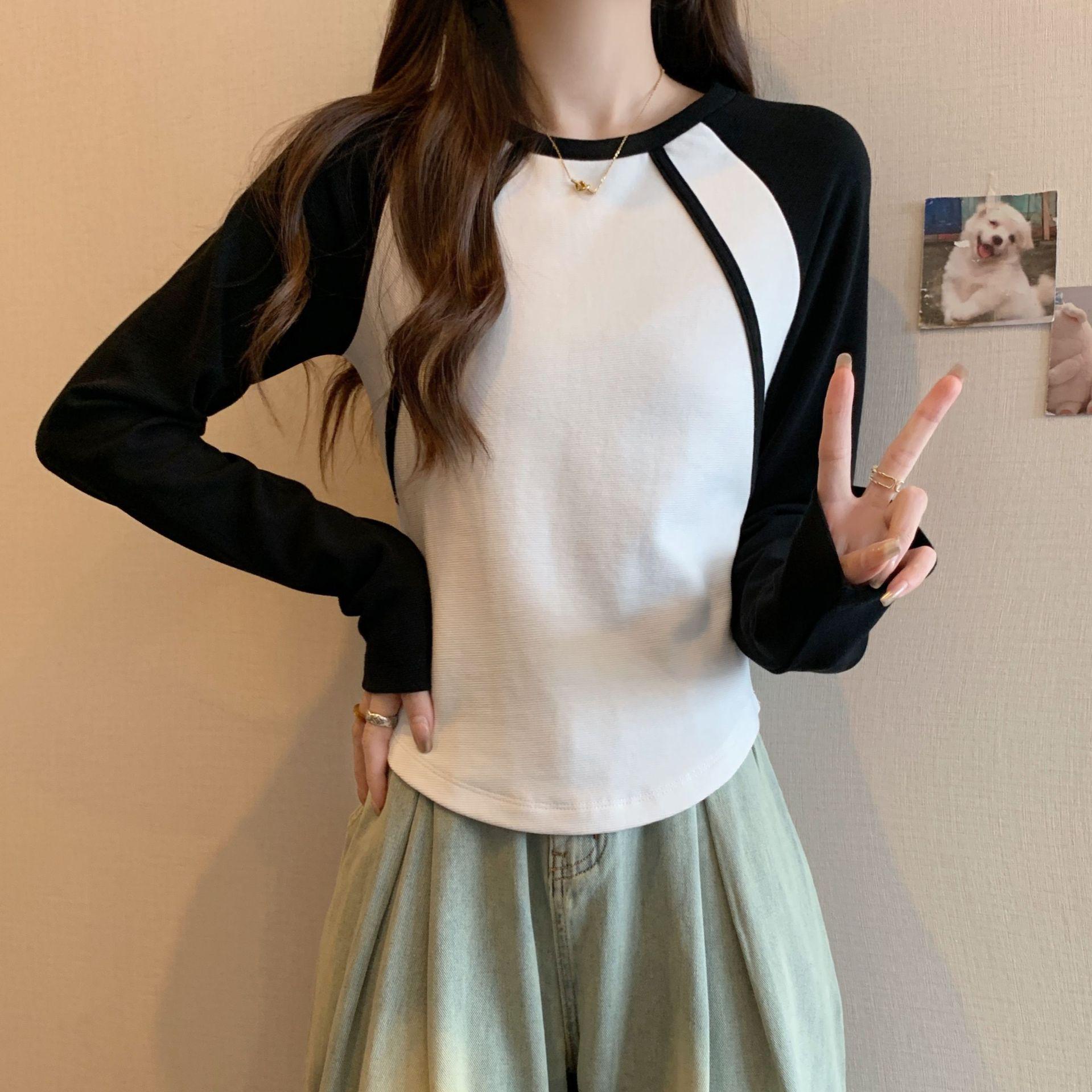 

Корейская футболка с рагланом и длинным рукавом в стиле колор-блок, приталенная - Сладкий и пряный стиль Small чёрный