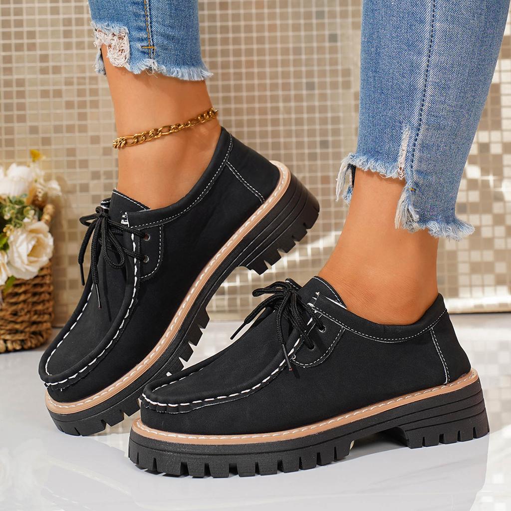 Thick Soled Lace Up Women's Loafers Fashionable And Casual Suede Low Top Round Toe Casual Shoes Casual Business Shoes for Women