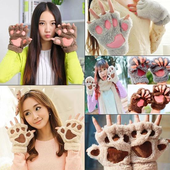 Winter Girl Cute Bear Cats Claw Cashmere Neck Hanging Half Finger Gloves Mittens