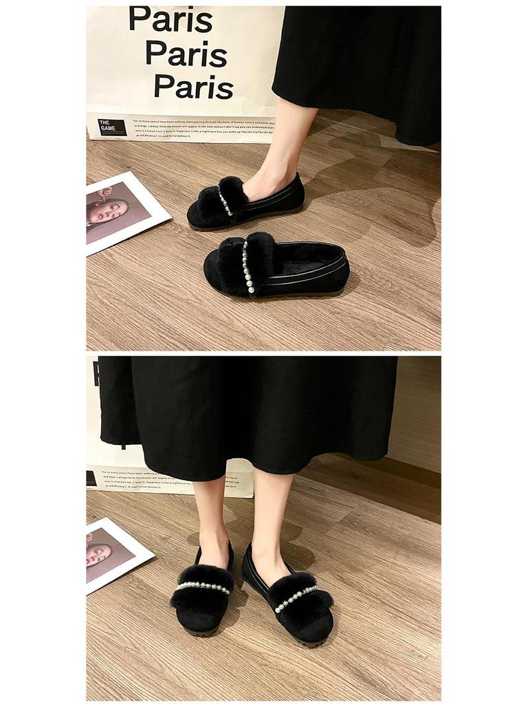 Women's Summer Flat Fur Bean Shoes with Rabbit Hair, Plus Size, Wear Outdoors