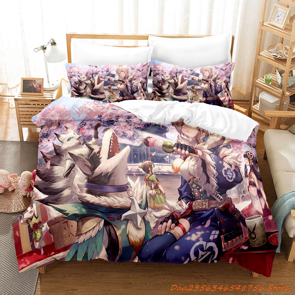 Comforter Personelity Monster Hunter Rise Bedding Set Cartoon Anime Three-Piece Set Adult Kid Bedroom Three-Piece Suits 3D Game Monst
