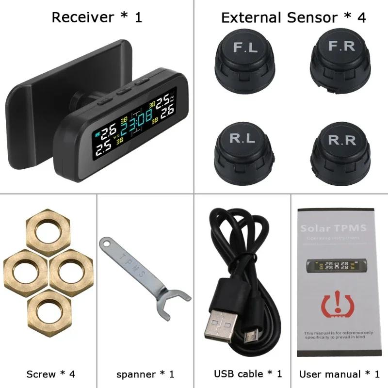 Universal TPMS Wireless Tire Pressure Monitoring System Solar Power Clock LCD Display 4 External Sensor Tire Pressure Sensors